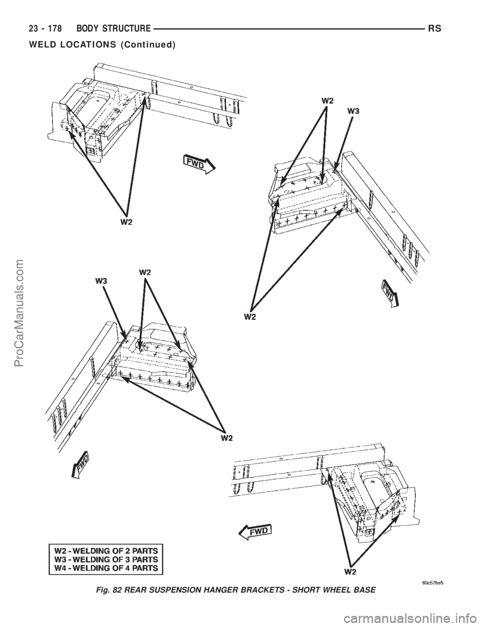 CHRYSLER TOWN AND COUNTRY 2002 Service Manual Fig. 82 REAR SUSPENSION HANGER BRACKETS - SHORT WHEEL BASE
23 - 178 BODY STRUCTURERS
WELD LOCATIONS (Continued)
ProCarManuals.com CHRYSLER TOWN AND COUNTRY 2002 Service Manual Fig. 82 REAR SUSPENSION HANGER BRACKETS - SHORT WHEEL BASE
23 - 178 BODY STRUCTURERS
WELD LOCATIONS (Continued)
ProCarManuals.com