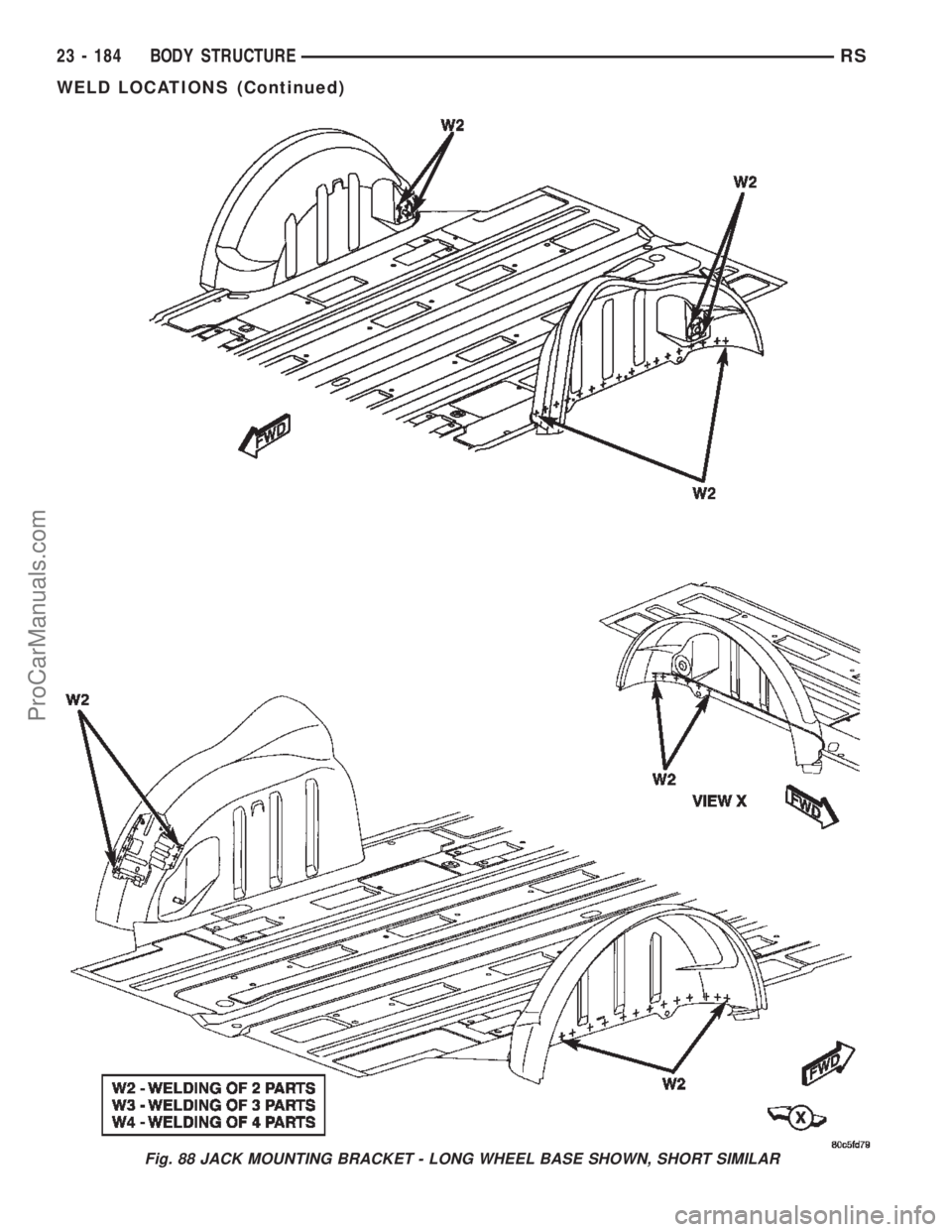 CHRYSLER TOWN AND COUNTRY 2002 Service Manual Fig. 88 JACK MOUNTING BRACKET - LONG WHEEL BASE SHOWN, SHORT SIMILAR
23 - 184 BODY STRUCTURERS
WELD LOCATIONS (Continued)
ProCarManuals.com CHRYSLER TOWN AND COUNTRY 2002 Service Manual Fig. 88 JACK MOUNTING BRACKET - LONG WHEEL BASE SHOWN, SHORT SIMILAR
23 - 184 BODY STRUCTURERS
WELD LOCATIONS (Continued)
ProCarManuals.com