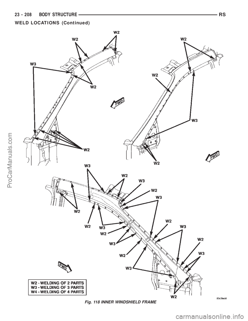 CHRYSLER TOWN AND COUNTRY 2002 Service Manual Fig. 118 INNER WINDSHIELD FRAME
23 - 208 BODY STRUCTURERS
WELD LOCATIONS (Continued)
ProCarManuals.com CHRYSLER TOWN AND COUNTRY 2002 Service Manual Fig. 118 INNER WINDSHIELD FRAME
23 - 208 BODY STRUCTURERS
WELD LOCATIONS (Continued)
ProCarManuals.com