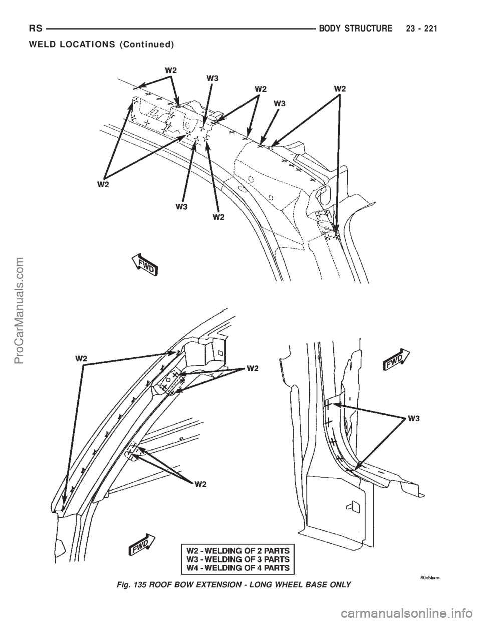 CHRYSLER TOWN AND COUNTRY 2002 Service Manual Fig. 135 ROOF BOW EXTENSION - LONG WHEEL BASE ONLY
RSBODY STRUCTURE23 - 221
WELD LOCATIONS (Continued)
ProCarManuals.com CHRYSLER TOWN AND COUNTRY 2002 Service Manual Fig. 135 ROOF BOW EXTENSION - LONG WHEEL BASE ONLY
RSBODY STRUCTURE23 - 221
WELD LOCATIONS (Continued)
ProCarManuals.com