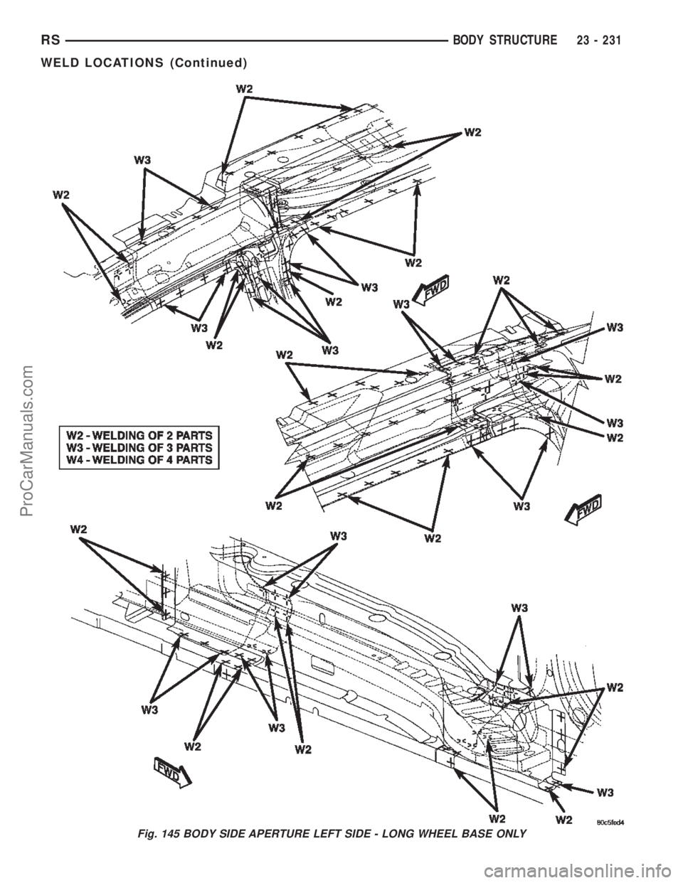 CHRYSLER TOWN AND COUNTRY 2002 Service Manual Fig. 145 BODY SIDE APERTURE LEFT SIDE - LONG WHEEL BASE ONLY
RSBODY STRUCTURE23 - 231
WELD LOCATIONS (Continued)
ProCarManuals.com CHRYSLER TOWN AND COUNTRY 2002 Service Manual Fig. 145 BODY SIDE APERTURE LEFT SIDE - LONG WHEEL BASE ONLY
RSBODY STRUCTURE23 - 231
WELD LOCATIONS (Continued)
ProCarManuals.com