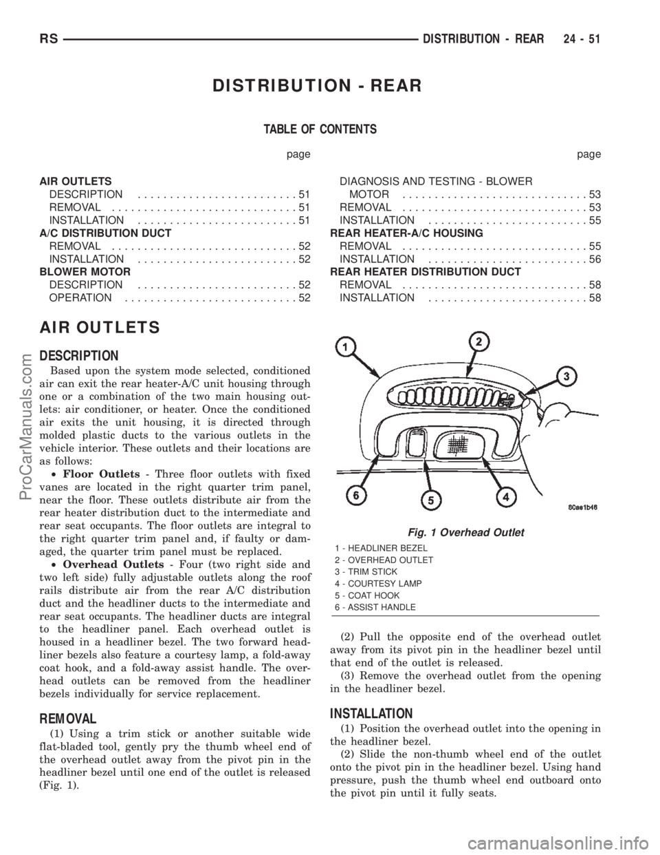 CHRYSLER TOWN AND COUNTRY 2002 Service Manual DISTRIBUTION - REAR
TABLE OF CONTENTS
page page
AIR OUTLETS
DESCRIPTION.........................51
REMOVAL.............................51
INSTALLATION.........................51
A/C DISTRIBUTION DUCT
CHRYSLER TOWN AND COUNTRY 2002 Service Manual DISTRIBUTION - REAR
TABLE OF CONTENTS
page page
AIR OUTLETS
DESCRIPTION.........................51
REMOVAL.............................51
INSTALLATION.........................51
A/C DISTRIBUTION DUCT