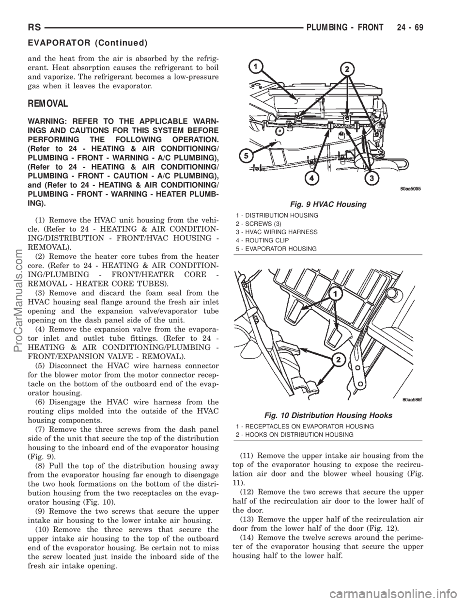 CHRYSLER TOWN AND COUNTRY 2002 Service Manual and the heat from the air is absorbed by the refrig-
erant. Heat absorption causes the refrigerant to boil
and vaporize. The refrigerant becomes a low-pressure
gas when it leaves the evaporator.
REMOV CHRYSLER TOWN AND COUNTRY 2002 Service Manual and the heat from the air is absorbed by the refrig-
erant. Heat absorption causes the refrigerant to boil
and vaporize. The refrigerant becomes a low-pressure
gas when it leaves the evaporator.
REMOV