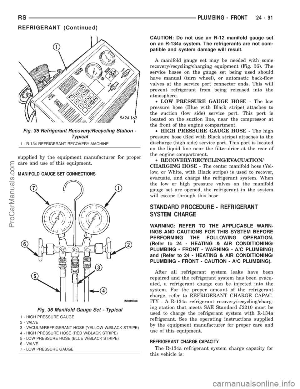CHRYSLER TOWN AND COUNTRY 2002 Service Manual supplied by the equipment manufacturer for proper
care and use of this equipment.
MANIFOLD GAUGE SET CONNECTIONSCAUTION: Do not use an R-12 manifold gauge set
on an R-134a system. The refrigerants are CHRYSLER TOWN AND COUNTRY 2002 Service Manual supplied by the equipment manufacturer for proper
care and use of this equipment.
MANIFOLD GAUGE SET CONNECTIONSCAUTION: Do not use an R-12 manifold gauge set
on an R-134a system. The refrigerants are