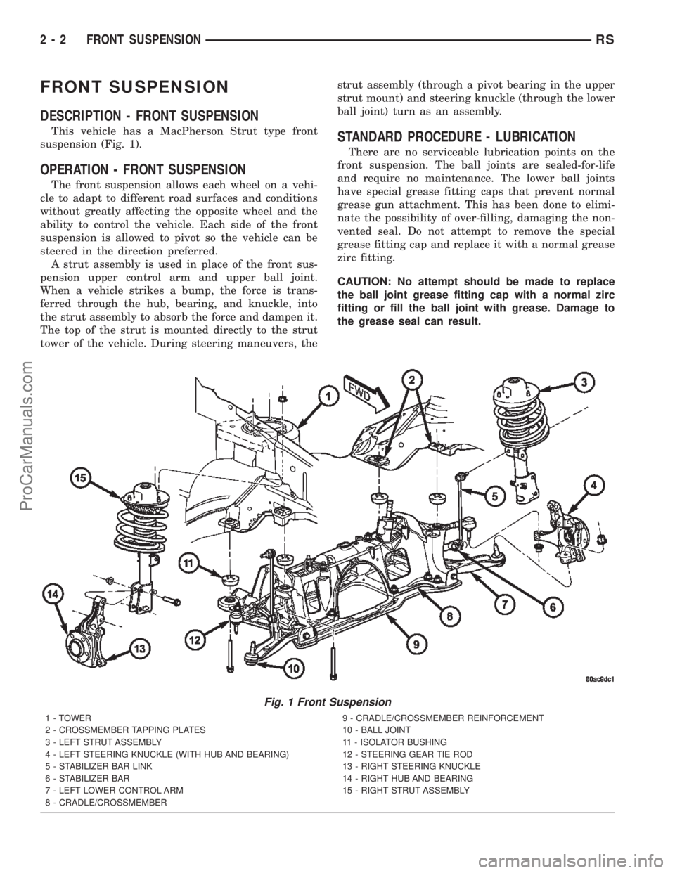 CHRYSLER TOWN AND COUNTRY 2002 Service Manual FRONT SUSPENSION
DESCRIPTION - FRONT SUSPENSION
This vehicle has a MacPherson Strut type front
suspension (Fig. 1).
OPERATION - FRONT SUSPENSION
The front suspension allows each wheel on a vehi-
cle t CHRYSLER TOWN AND COUNTRY 2002 Service Manual FRONT SUSPENSION
DESCRIPTION - FRONT SUSPENSION
This vehicle has a MacPherson Strut type front
suspension (Fig. 1).
OPERATION - FRONT SUSPENSION
The front suspension allows each wheel on a vehi-
cle t