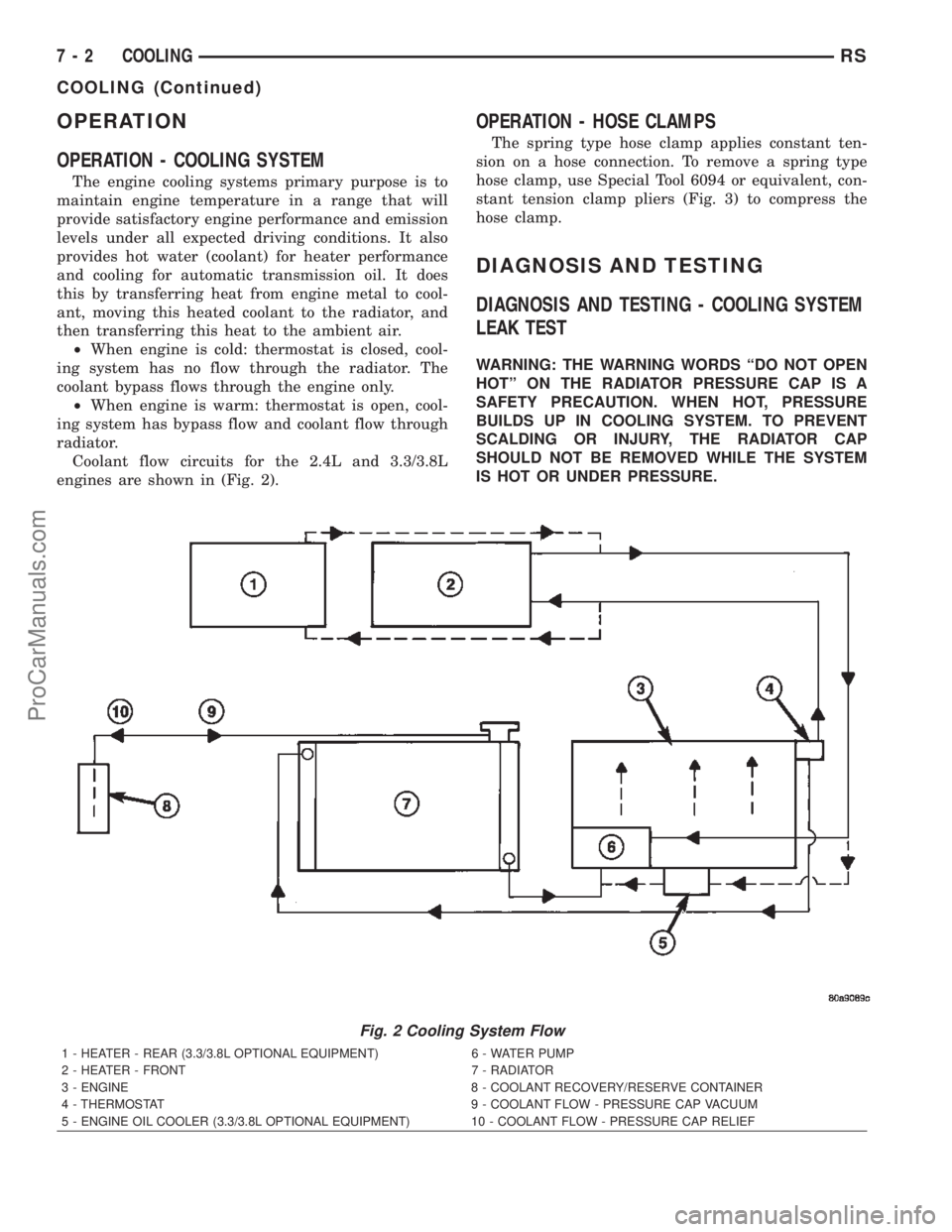 CHRYSLER TOWN AND COUNTRY 2002 Service Manual OPERATION
OPERATION - COOLING SYSTEM
The engine cooling systems primary purpose is to
maintain engine temperature in a range that will
provide satisfactory engine performance and emission
levels under CHRYSLER TOWN AND COUNTRY 2002 Service Manual OPERATION
OPERATION - COOLING SYSTEM
The engine cooling systems primary purpose is to
maintain engine temperature in a range that will
provide satisfactory engine performance and emission
levels under