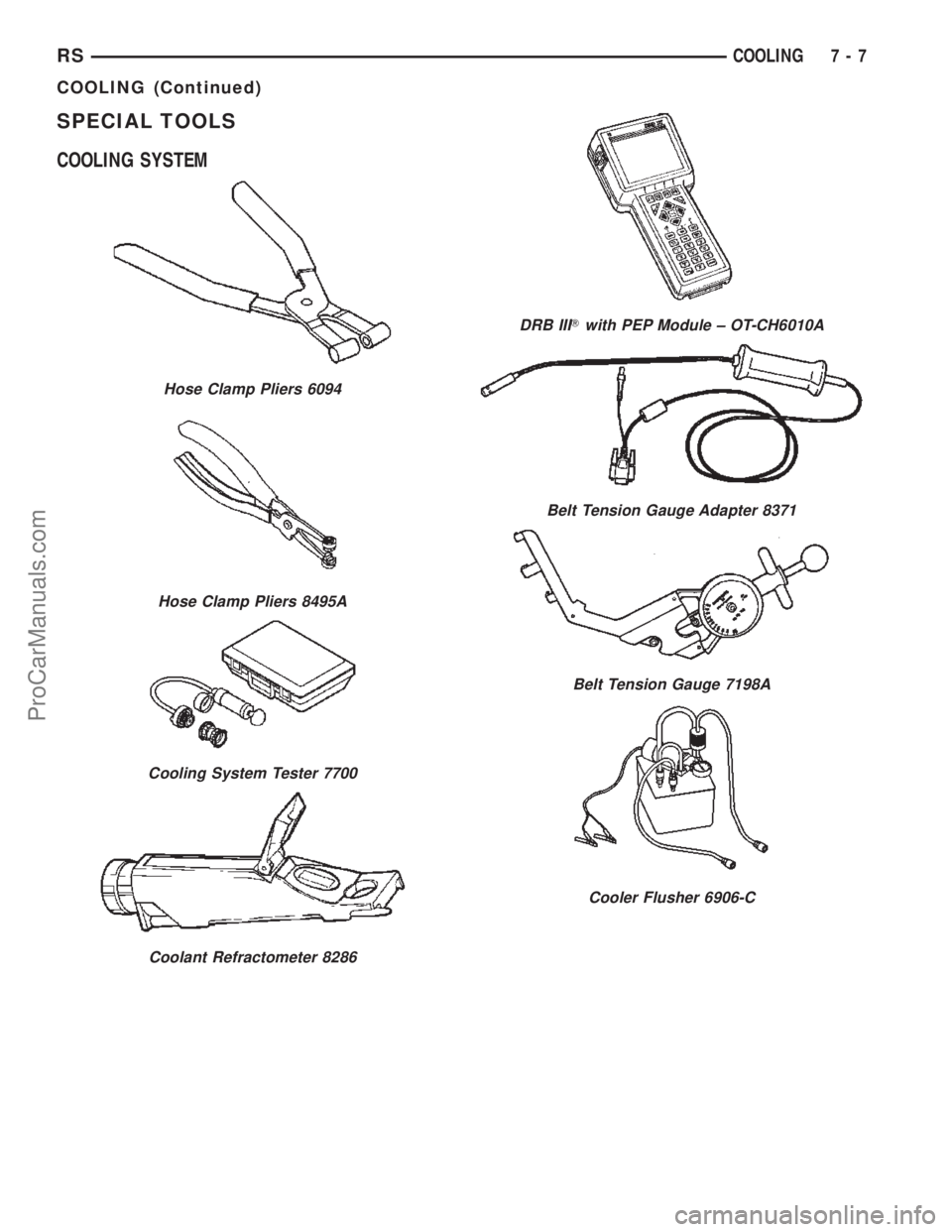 CHRYSLER TOWN AND COUNTRY 2002 Service Manual SPECIAL TOOLS
COOLING SYSTEM
Hose Clamp Pliers 6094
Hose Clamp Pliers 8495A
Cooling System Tester 7700
Coolant Refractometer 8286
DRB IIITwith PEP Module ± OT-CH6010A
Belt Tension Gauge Adapter 8371
CHRYSLER TOWN AND COUNTRY 2002 Service Manual SPECIAL TOOLS
COOLING SYSTEM
Hose Clamp Pliers 6094
Hose Clamp Pliers 8495A
Cooling System Tester 7700
Coolant Refractometer 8286
DRB IIITwith PEP Module ± OT-CH6010A
Belt Tension Gauge Adapter 8371