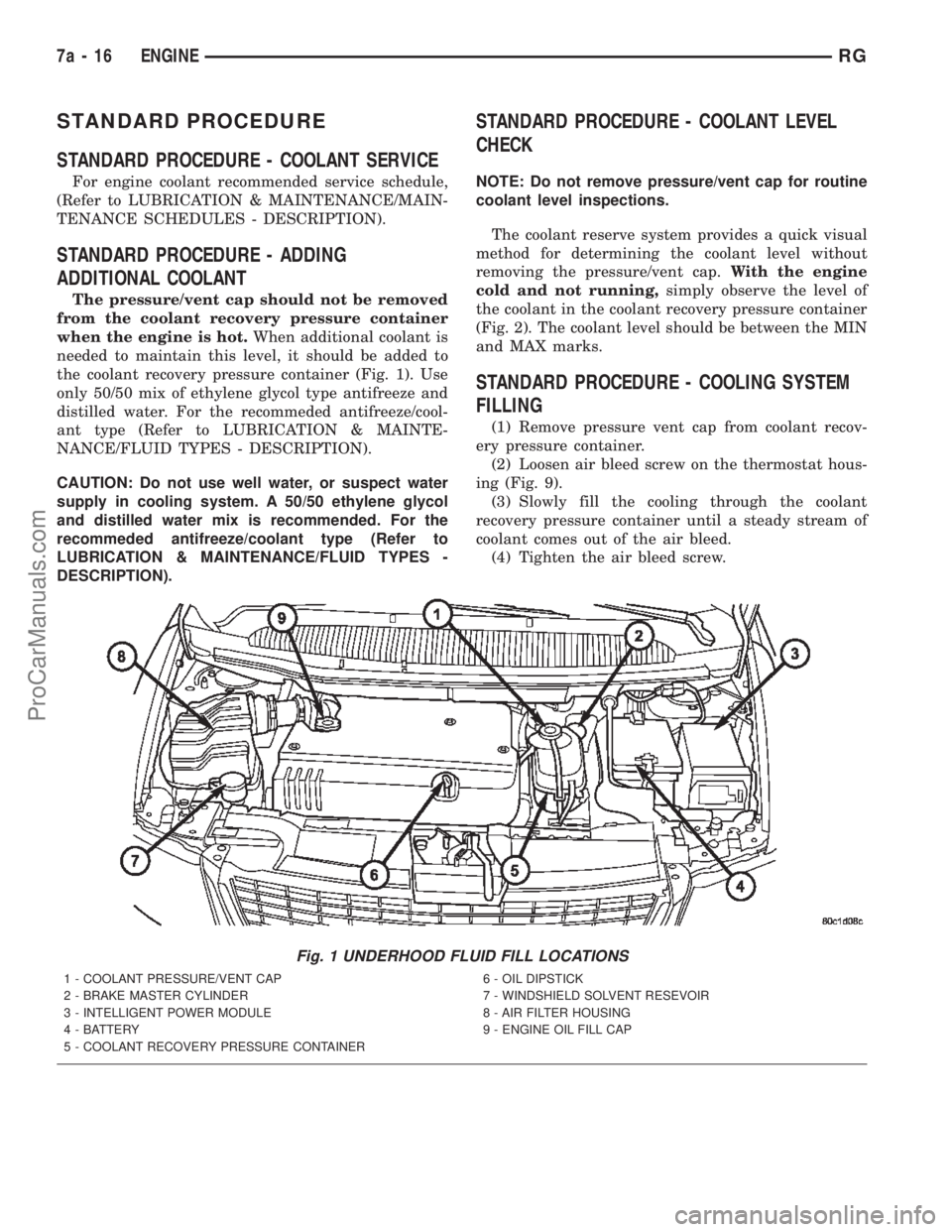 CHRYSLER TOWN AND COUNTRY 2002 Workshop Manual STANDARD PROCEDURE
STANDARD PROCEDURE - COOLANT SERVICE
For engine coolant recommended service schedule,
(Refer to LUBRICATION & MAINTENANCE/MAIN-
TENANCE SCHEDULES - DESCRIPTION).
STANDARD PROCEDURE CHRYSLER TOWN AND COUNTRY 2002 Workshop Manual STANDARD PROCEDURE
STANDARD PROCEDURE - COOLANT SERVICE
For engine coolant recommended service schedule,
(Refer to LUBRICATION & MAINTENANCE/MAIN-
TENANCE SCHEDULES - DESCRIPTION).
STANDARD PROCEDURE