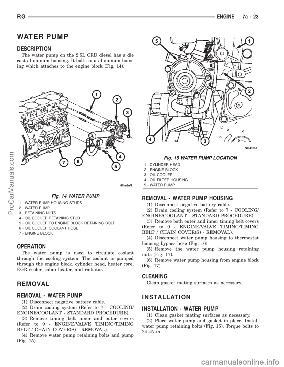 CHRYSLER TOWN AND COUNTRY 2002  Service Manual WATER PUMP
DESCRIPTION
The water pump on the 2.5L CRD diesel has a die
cast aluminum housing. It bolts to a aluminum hous-
ing which attaches to the engine block (Fig. 14).
OPERATION
The water pump is