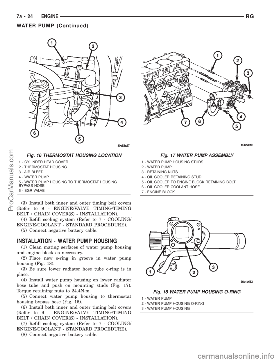 CHRYSLER TOWN AND COUNTRY 2002  Service Manual (3) Install both inner and outer timing belt covers
(Refer to 9 - ENGINE/VALVE TIMING/TIMING
BELT / CHAIN COVER(S) - INSTALLATION).
(4) Refill cooling system (Refer to 7 - COOLING/
ENGINE/COOLANT - ST