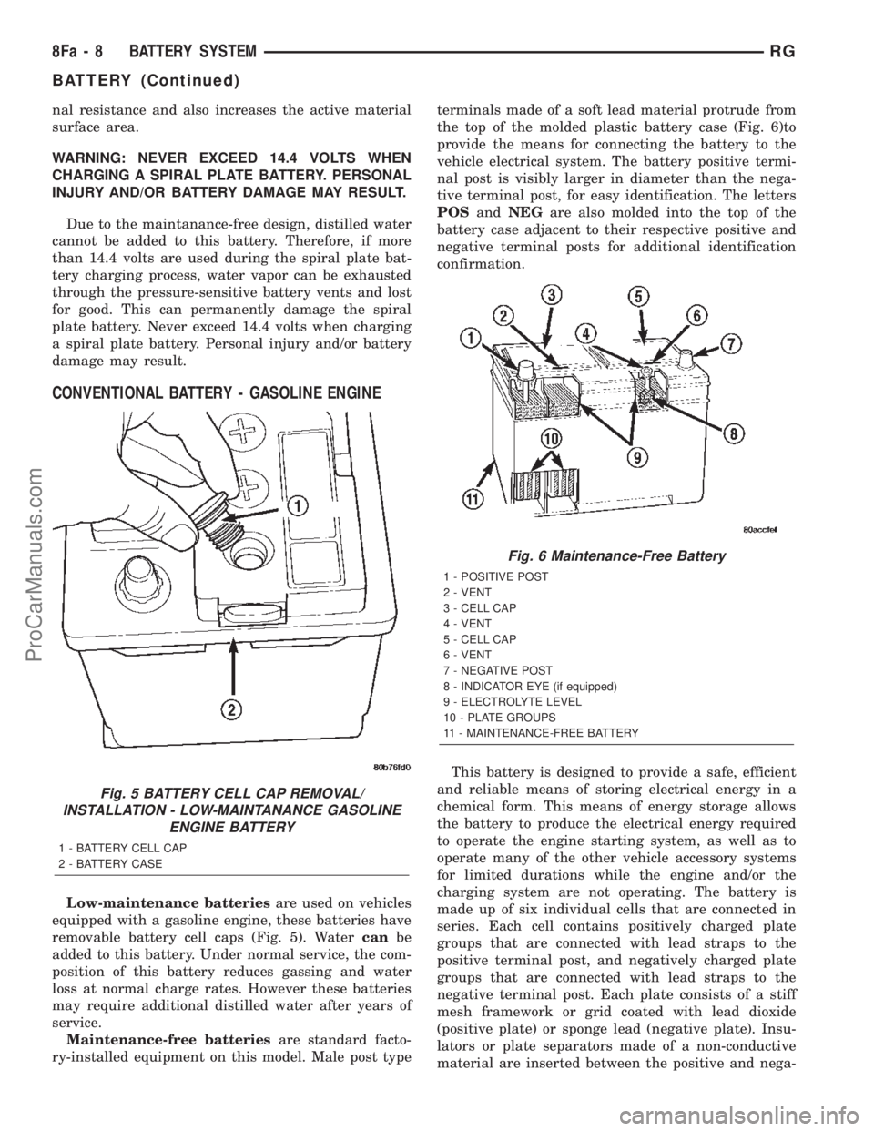 CHRYSLER TOWN AND COUNTRY 2002 Service Manual nal resistance and also increases the active material
surface area.
WARNING: NEVER EXCEED 14.4 VOLTS WHEN
CHARGING A SPIRAL PLATE BATTERY. PERSONAL
INJURY AND/OR BATTERY DAMAGE MAY RESULT.
Due to the CHRYSLER TOWN AND COUNTRY 2002 Service Manual nal resistance and also increases the active material
surface area.
WARNING: NEVER EXCEED 14.4 VOLTS WHEN
CHARGING A SPIRAL PLATE BATTERY. PERSONAL
INJURY AND/OR BATTERY DAMAGE MAY RESULT.
Due to the