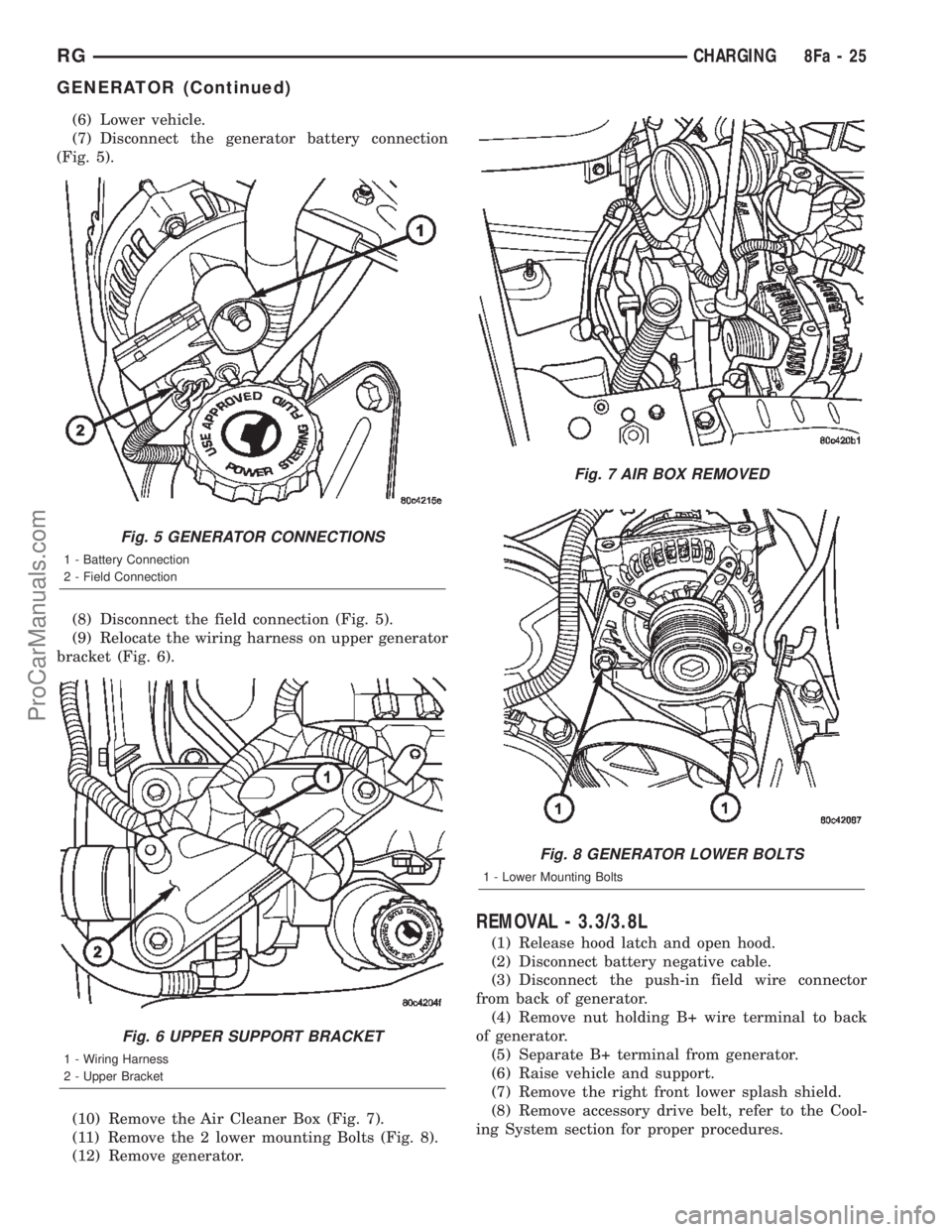 CHRYSLER TOWN AND COUNTRY 2002 Service Manual (6) Lower vehicle.
(7) Disconnect the generator battery connection
(Fig. 5).
(8) Disconnect the field connection (Fig. 5).
(9) Relocate the wiring harness on upper generator
bracket (Fig. 6).
(10) Rem CHRYSLER TOWN AND COUNTRY 2002 Service Manual (6) Lower vehicle.
(7) Disconnect the generator battery connection
(Fig. 5).
(8) Disconnect the field connection (Fig. 5).
(9) Relocate the wiring harness on upper generator
bracket (Fig. 6).
(10) Rem