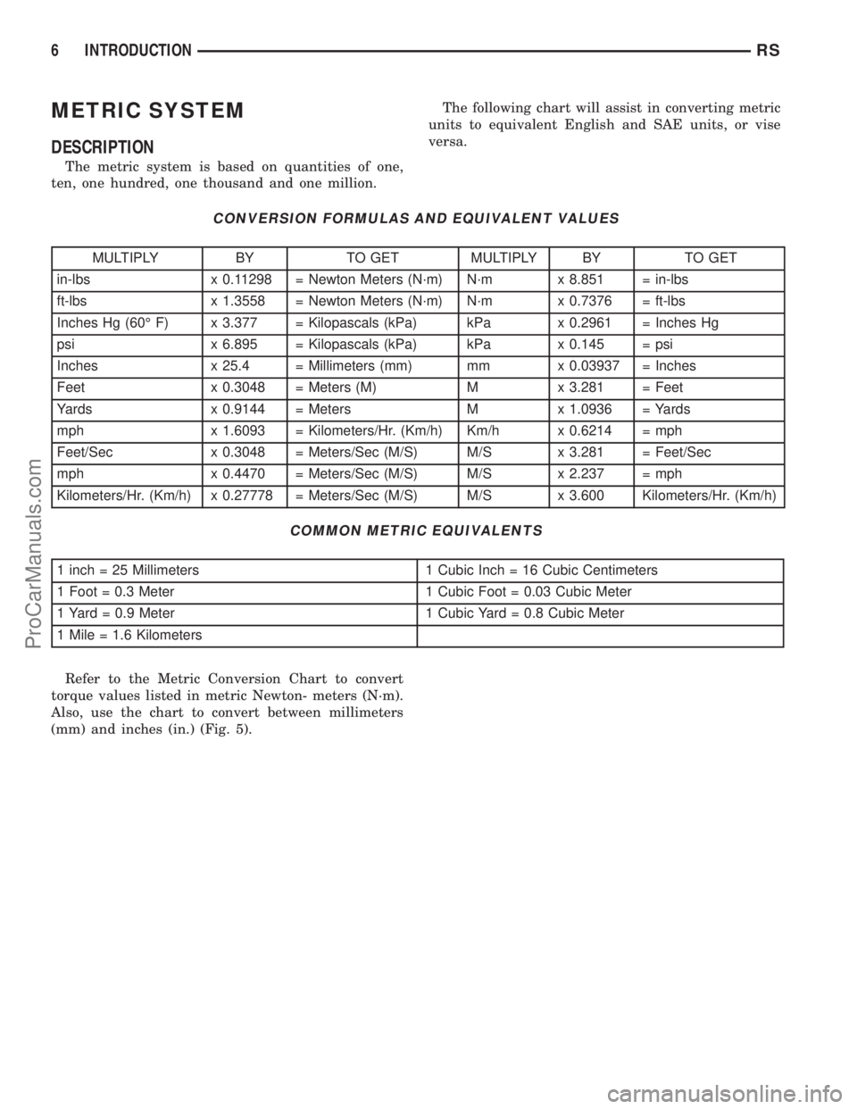 CHRYSLER TOWN AND COUNTRY 2002 Service Manual METRIC SYSTEM
DESCRIPTION
The metric system is based on quantities of one,
ten, one hundred, one thousand and one million.The following chart will assist in converting metric
units to equivalent Engli CHRYSLER TOWN AND COUNTRY 2002 Service Manual METRIC SYSTEM
DESCRIPTION
The metric system is based on quantities of one,
ten, one hundred, one thousand and one million.The following chart will assist in converting metric
units to equivalent Engli