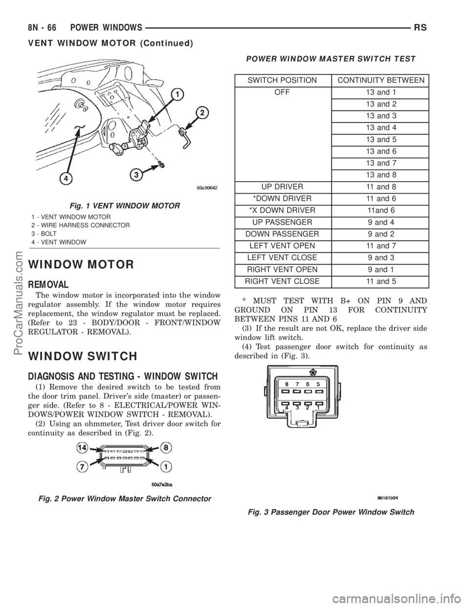 CHRYSLER TOWN AND COUNTRY 2002 Service Manual WINDOW MOTOR
REMOVAL
The window motor is incorporated into the window
regulator assembly. If the window motor requires
replacement, the window regulator must be replaced.
(Refer to 23 - BODY/DOOR - FR CHRYSLER TOWN AND COUNTRY 2002 Service Manual WINDOW MOTOR
REMOVAL
The window motor is incorporated into the window
regulator assembly. If the window motor requires
replacement, the window regulator must be replaced.
(Refer to 23 - BODY/DOOR - FR