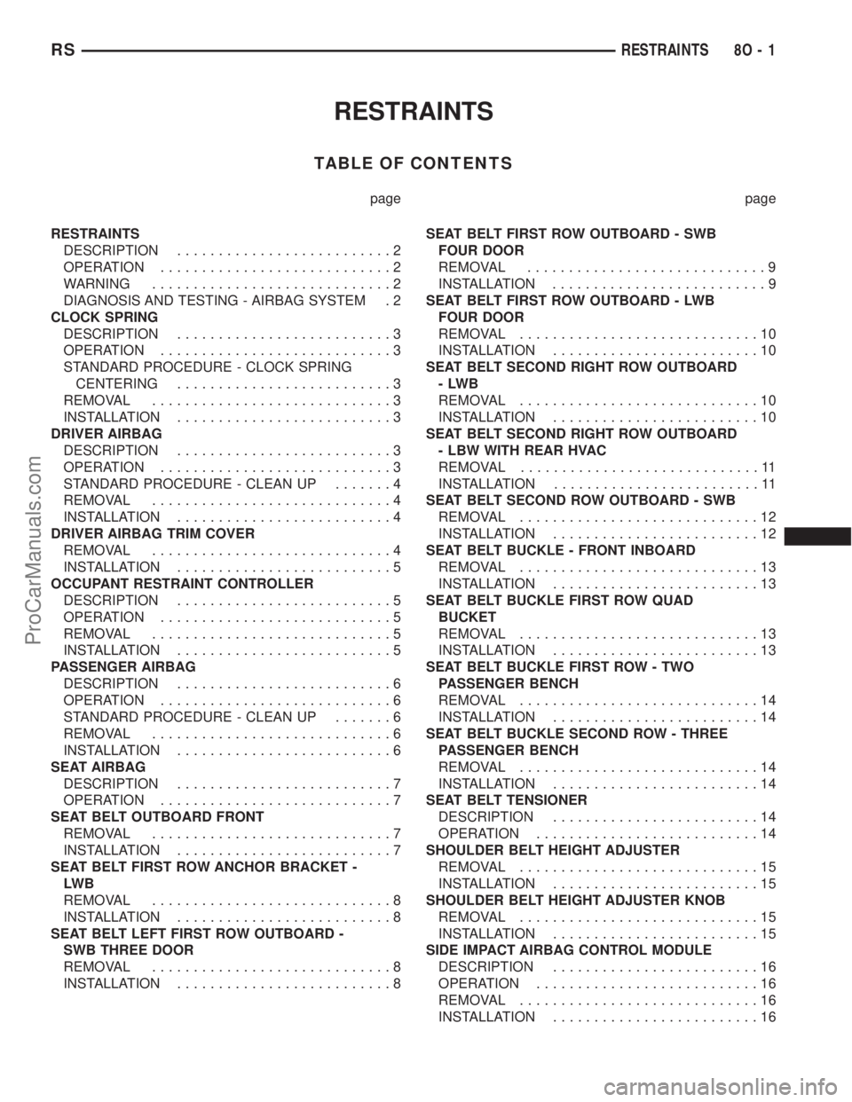 CHRYSLER TOWN AND COUNTRY 2002  Service Manual RESTRAINTS
TABLE OF CONTENTS
page page
RESTRAINTS
DESCRIPTION..........................2
OPERATION............................2
WARNING.............................2
DIAGNOSIS AND TESTING - AIRBAG SYS