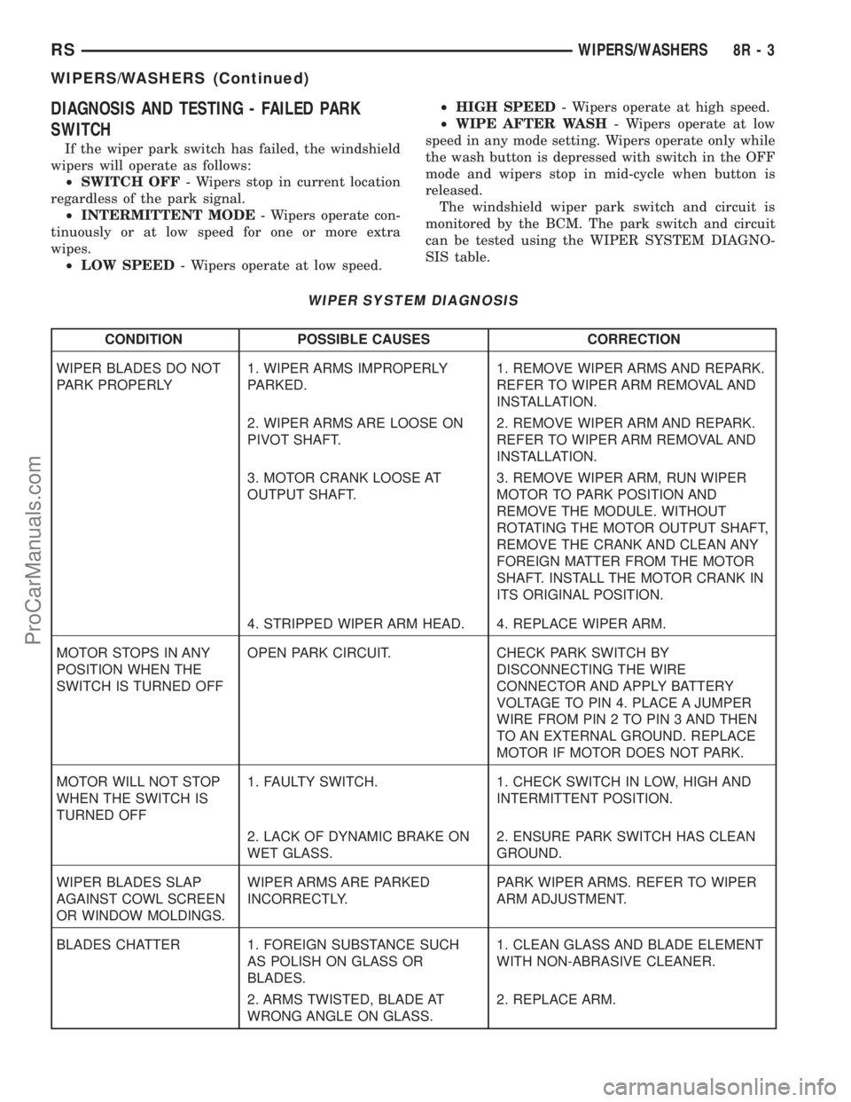 CHRYSLER TOWN AND COUNTRY 2002  Service Manual DIAGNOSIS AND TESTING - FAILED PARK
SWITCH
If the wiper park switch has failed, the windshield
wipers will operate as follows:
²SWITCH OFF- Wipers stop in current location
regardless of the park sign