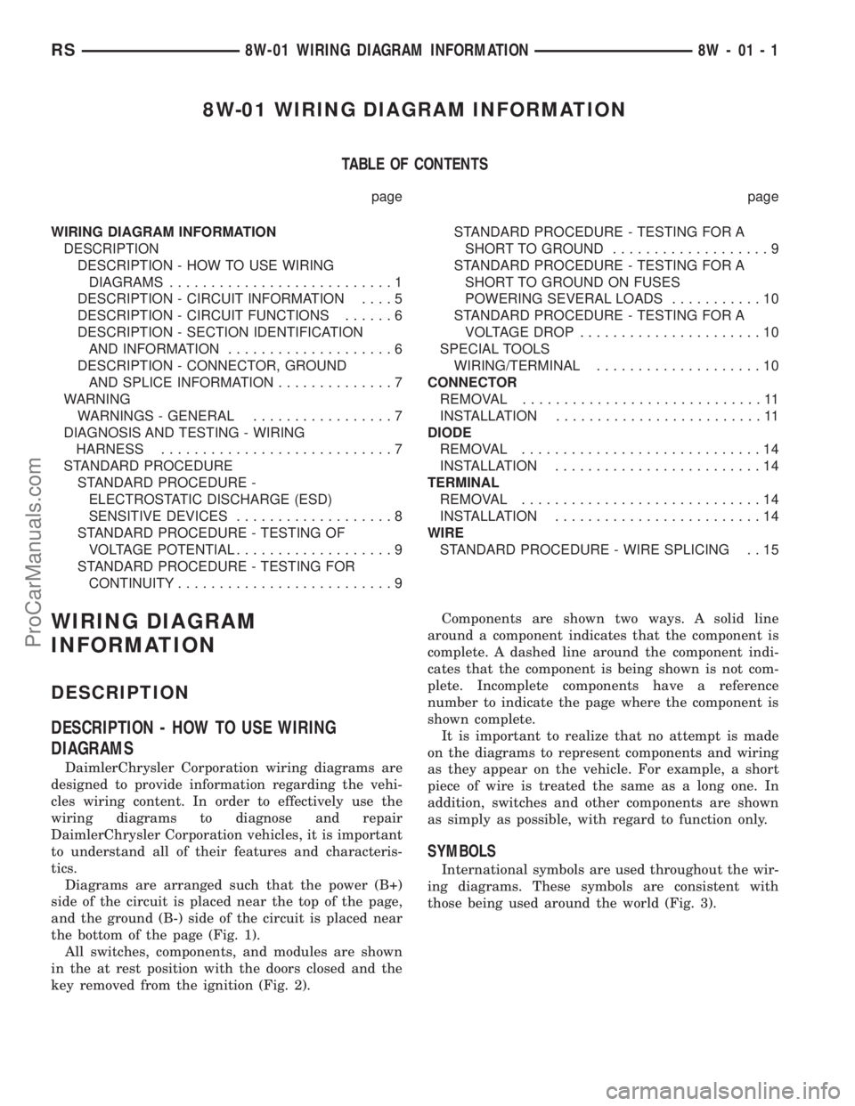 CHRYSLER TOWN AND COUNTRY 2002 Owners Manual 8W-01 WIRING DIAGRAM INFORMATION
TABLE OF CONTENTS
page page
WIRING DIAGRAM INFORMATION
DESCRIPTION
DESCRIPTION - HOW TO USE WIRING
DIAGRAMS...........................1
DESCRIPTION - CIRCUIT INFORMATI CHRYSLER TOWN AND COUNTRY 2002 Owners Manual 8W-01 WIRING DIAGRAM INFORMATION
TABLE OF CONTENTS
page page
WIRING DIAGRAM INFORMATION
DESCRIPTION
DESCRIPTION - HOW TO USE WIRING
DIAGRAMS...........................1
DESCRIPTION - CIRCUIT INFORMATI