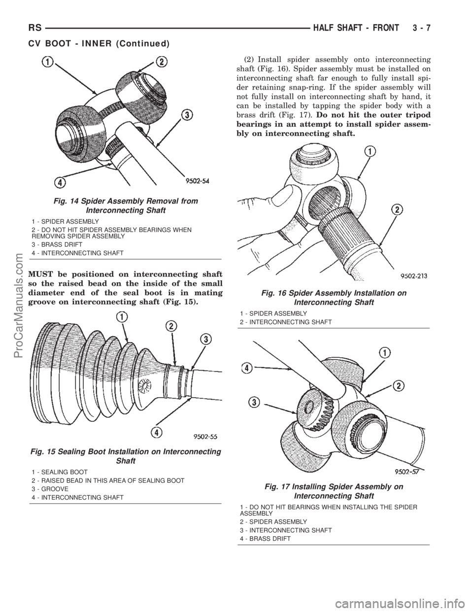 CHRYSLER TOWN AND COUNTRY 2002 Manual Online MUST be positioned on interconnecting shaft
so the raised bead on the inside of the small
diameter end of the seal boot is in mating
groove on interconnecting shaft (Fig. 15).(2) Install spider assemb CHRYSLER TOWN AND COUNTRY 2002 Manual Online MUST be positioned on interconnecting shaft
so the raised bead on the inside of the small
diameter end of the seal boot is in mating
groove on interconnecting shaft (Fig. 15).(2) Install spider assemb