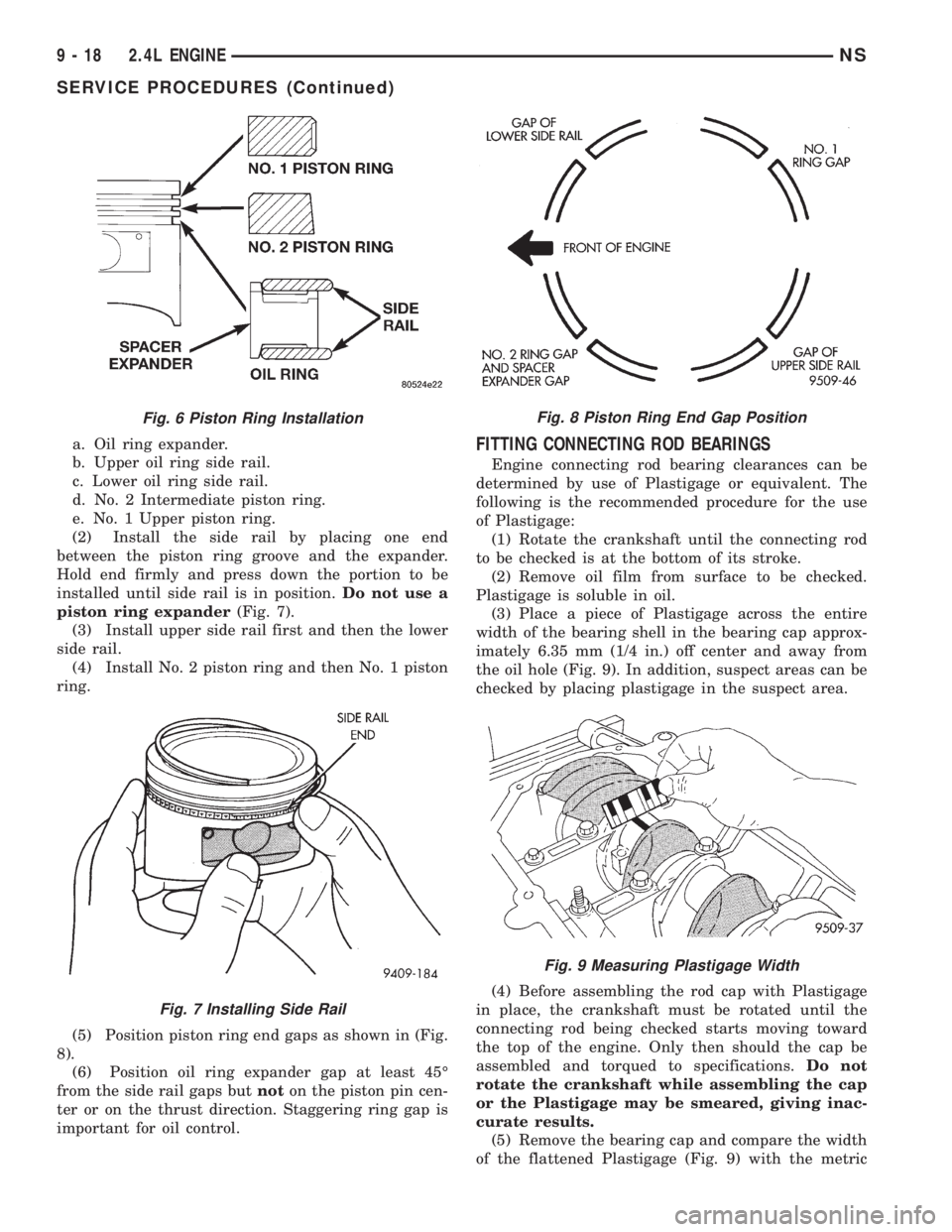 CHRYSLER VOYAGER 1996  Service Manual a. Oil ring expander.
b. Upper oil ring side rail.
c. Lower oil ring side rail.
d. No. 2 Intermediate piston ring.
e. No. 1 Upper piston ring.
(2) Install the side rail by placing one end
between the 