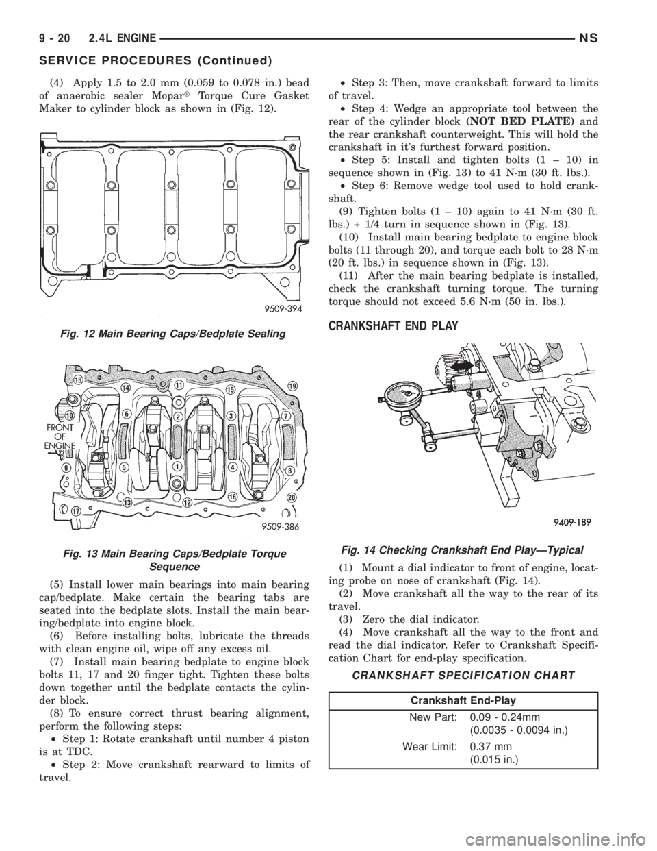 CHRYSLER VOYAGER 1996  Service Manual (4) Apply 1.5 to 2.0 mm (0.059 to 0.078 in.) bead
of anaerobic sealer MopartTorque Cure Gasket
Maker to cylinder block as shown in (Fig. 12).
(5) Install lower main bearings into main bearing
cap/bedp