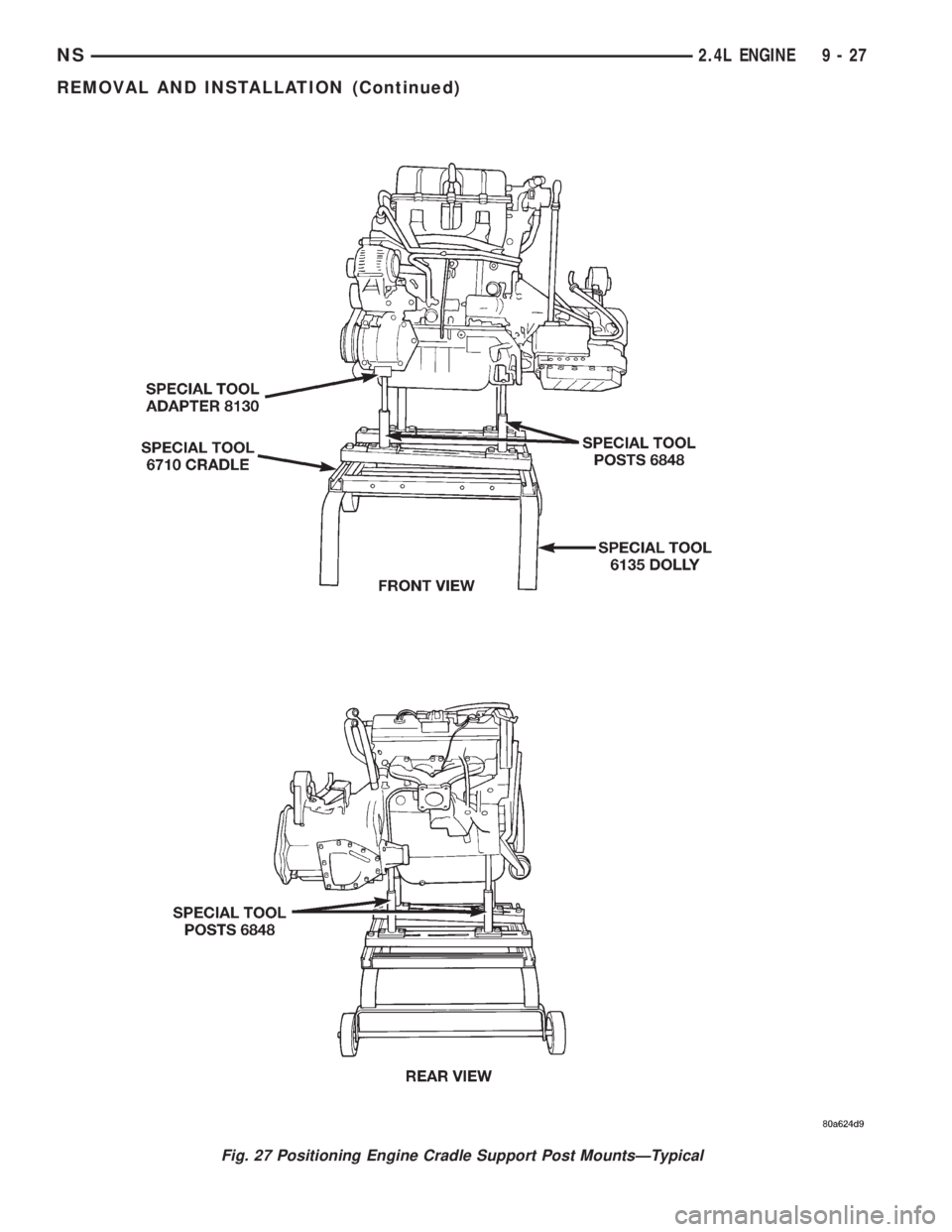 CHRYSLER VOYAGER 1996  Service Manual Fig. 27 Positioning Engine Cradle Support Post MountsÐTypical
NS2.4L ENGINE 9 - 27
REMOVAL AND INSTALLATION (Continued) 