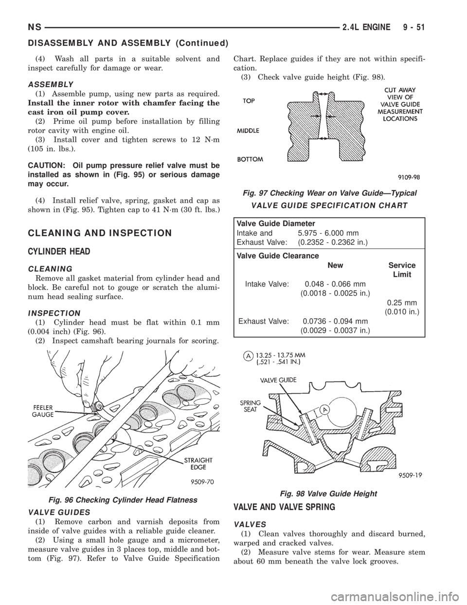 CHRYSLER VOYAGER 1996  Service Manual (4) Wash all parts in a suitable solvent and
inspect carefully for damage or wear.
ASSEMBLY
(1) Assemble pump, using new parts as required.
Install the inner rotor with chamfer facing the
cast iron oi