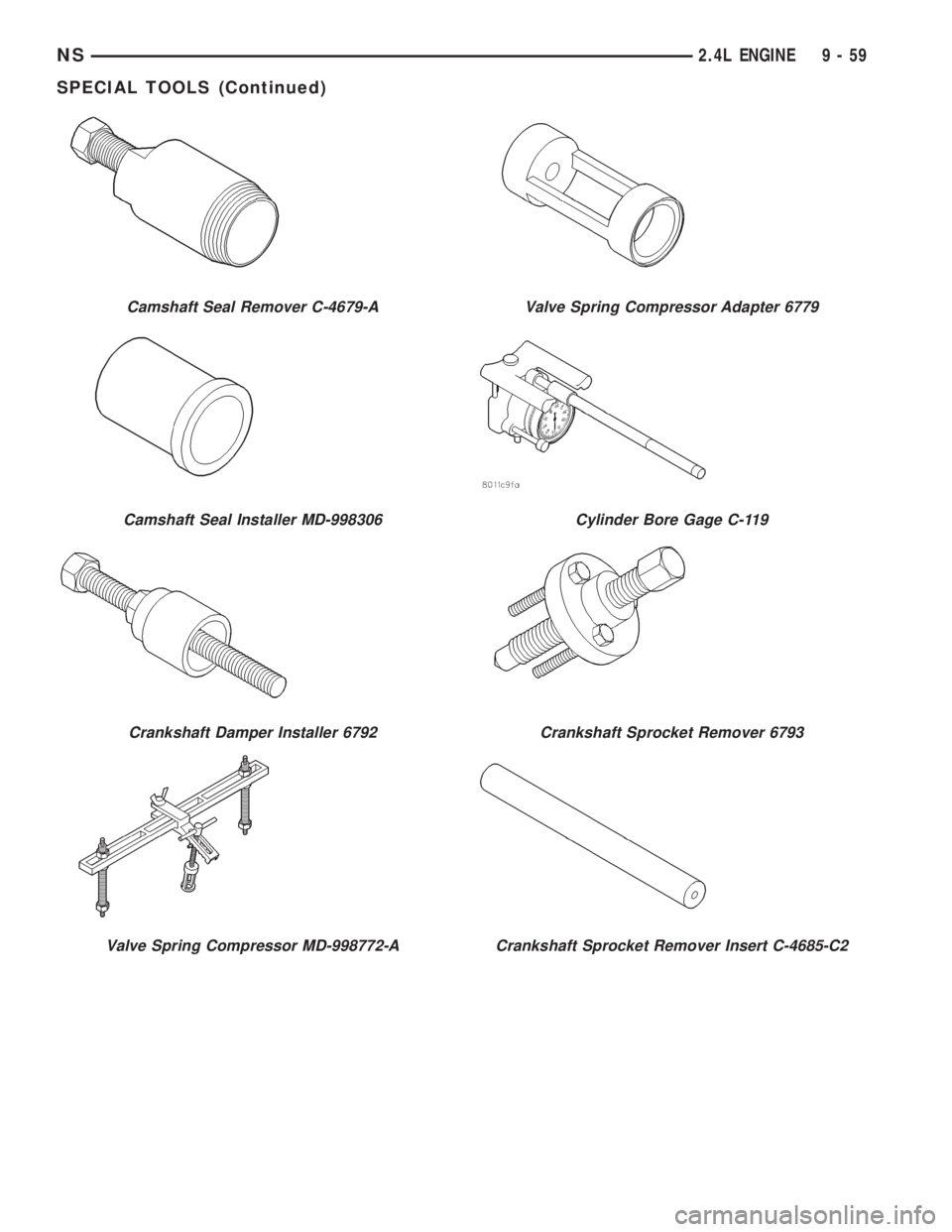 CHRYSLER VOYAGER 1996  Service Manual Camshaft Seal Remover C-4679-A
Camshaft Seal Installer MD-998306
Crankshaft Damper Installer 6792
Valve Spring Compressor MD-998772-A
Valve Spring Compressor Adapter 6779
Cylinder Bore Gage C-119
Cran