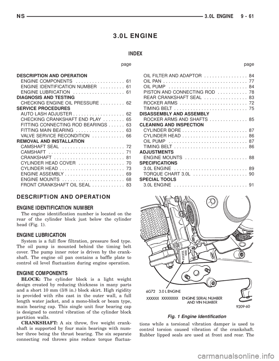 CHRYSLER VOYAGER 1996  Service Manual 3.0L ENGINE
INDEX
page page
DESCRIPTION AND OPERATION
ENGINE COMPONENTS.................. 61
ENGINE IDENTIFICATION NUMBER......... 61
ENGINE LUBRICATION................... 61
DIAGNOSIS AND TESTING
CHE