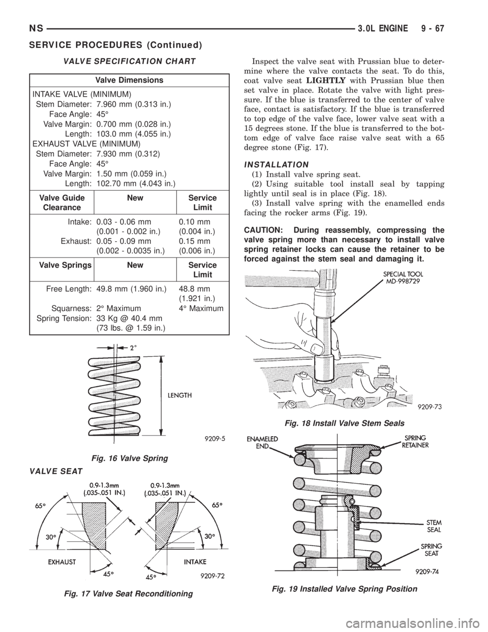 CHRYSLER VOYAGER 1996  Service Manual VALVE SEAT
Inspect the valve seat with Prussian blue to deter-
mine where the valve contacts the seat. To do this,
coat valve seatLIGHTLYwith Prussian blue then
set valve in place. Rotate the valve wi