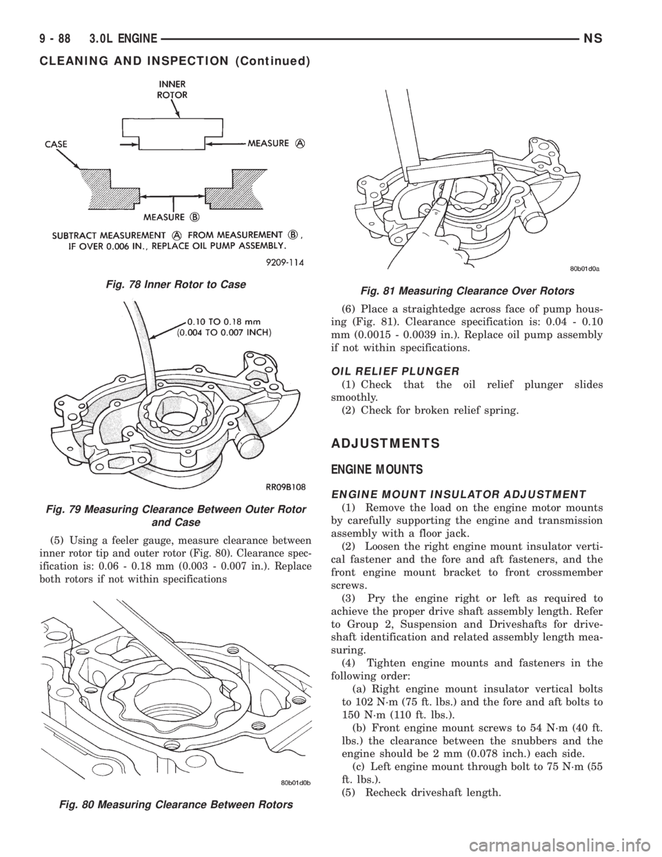CHRYSLER VOYAGER 1996  Service Manual (5)Using a feeler gauge, measure clearance between
inner rotor tip and outer rotor (Fig. 80). Clearance spec-
ification is: 0.06 - 0.18 mm (0.003 - 0.007 in.). Replace
both rotors if not within specif