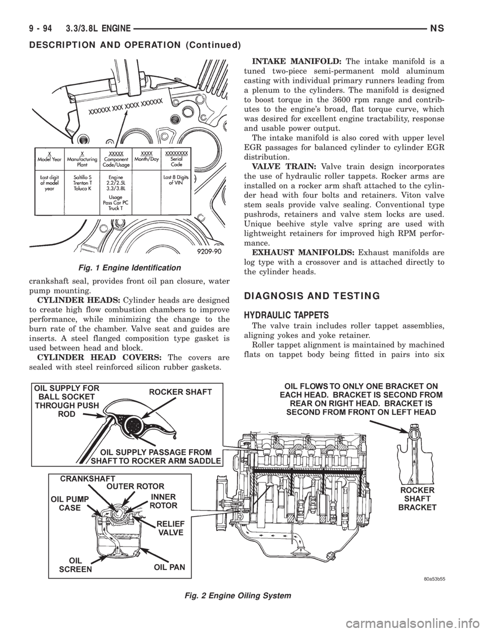CHRYSLER VOYAGER 1996 Owners Guide crankshaft seal, provides front oil pan closure, water
pump mounting.
CYLINDER HEADS:Cylinder heads are designed
to create high flow combustion chambers to improve
performance, while minimizing the ch CHRYSLER VOYAGER 1996 Owners Guide crankshaft seal, provides front oil pan closure, water
pump mounting.
CYLINDER HEADS:Cylinder heads are designed
to create high flow combustion chambers to improve
performance, while minimizing the ch
