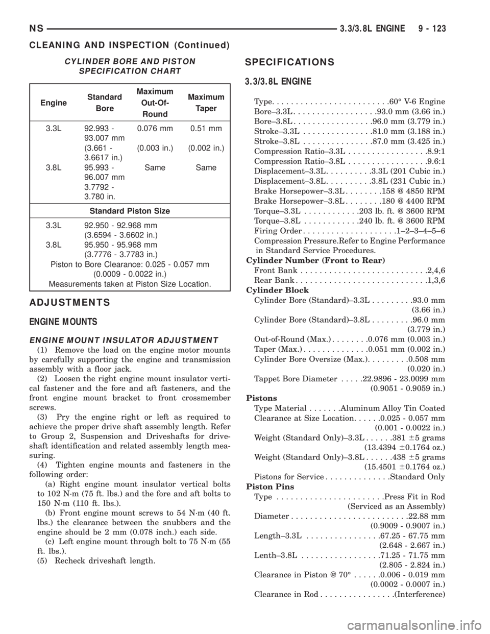 CHRYSLER VOYAGER 1996 User Guide ADJUSTMENTS
ENGINE MOUNTS
ENGINE MOUNT INSULATOR ADJUSTMENT
(1) Remove the load on the engine motor mounts
by carefully supporting the engine and transmission
assembly with a floor jack.
(2) Loosen th CHRYSLER VOYAGER 1996 User Guide ADJUSTMENTS
ENGINE MOUNTS
ENGINE MOUNT INSULATOR ADJUSTMENT
(1) Remove the load on the engine motor mounts
by carefully supporting the engine and transmission
assembly with a floor jack.
(2) Loosen th