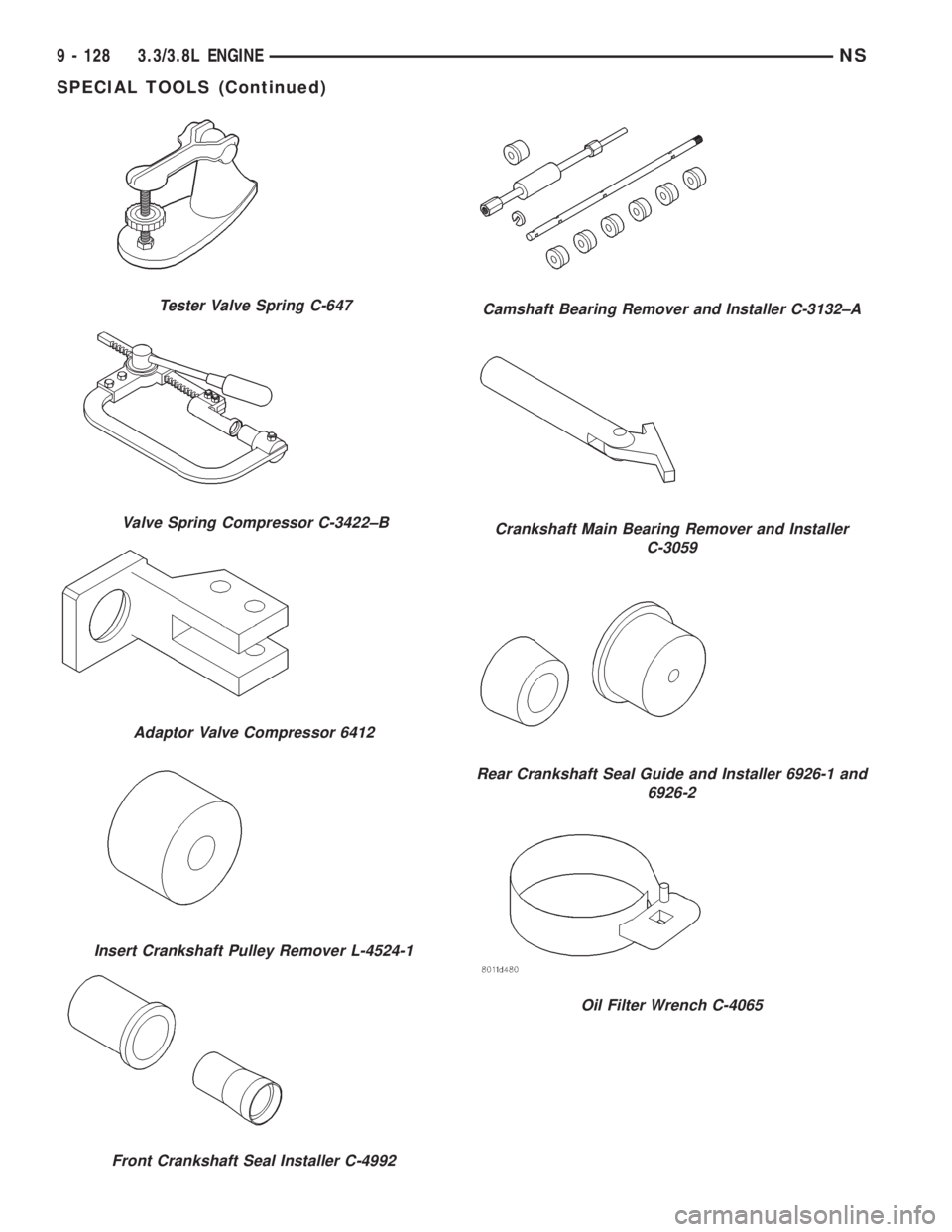 CHRYSLER VOYAGER 1996 Service Manual Tester Valve Spring C-647
Valve Spring Compressor C-3422±B
Adaptor Valve Compressor 6412
Insert Crankshaft Pulley Remover L-4524-1
Front Crankshaft Seal Installer C-4992
Camshaft Bearing Remover and CHRYSLER VOYAGER 1996 Service Manual Tester Valve Spring C-647
Valve Spring Compressor C-3422±B
Adaptor Valve Compressor 6412
Insert Crankshaft Pulley Remover L-4524-1
Front Crankshaft Seal Installer C-4992
Camshaft Bearing Remover and