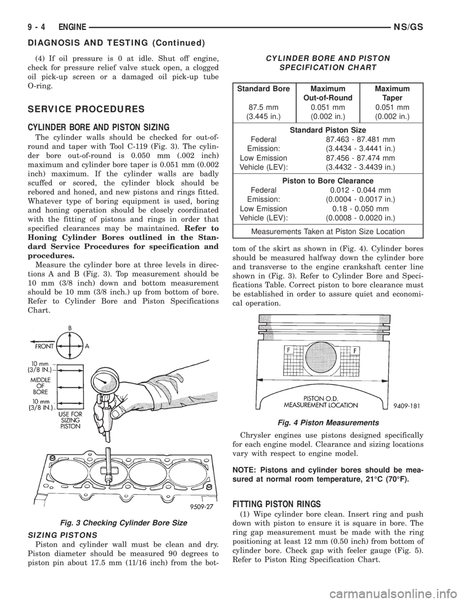 CHRYSLER VOYAGER 1996 Owners Guide (4) If oil pressure is 0 at idle. Shut off engine,
check for pressure relief valve stuck open, a clogged
oil pick-up screen or a damaged oil pick-up tube
O-ring.
SERVICE PROCEDURES
CYLINDER BORE AND P CHRYSLER VOYAGER 1996 Owners Guide (4) If oil pressure is 0 at idle. Shut off engine,
check for pressure relief valve stuck open, a clogged
oil pick-up screen or a damaged oil pick-up tube
O-ring.
SERVICE PROCEDURES
CYLINDER BORE AND P