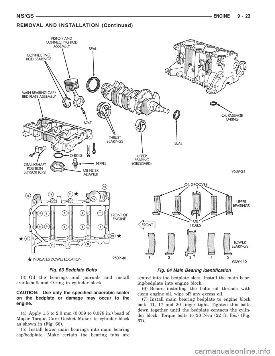 CHRYSLER VOYAGER 1996  Service Manual (3) Oil the bearings and journals and install
crankshaft and O-ring in cylinder block.
CAUTION: Use only the specified anaerobic sealer
on the bedplate or damage may occur to the
engine.
(4) Apply 1.5