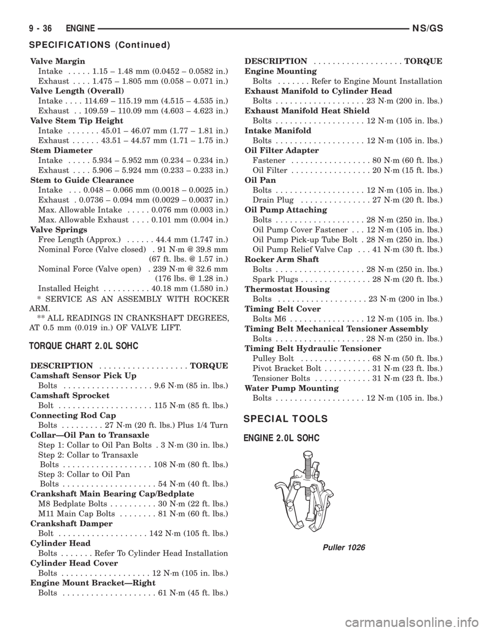 CHRYSLER VOYAGER 1996 Service Manual Valve Margin
Intake.....1.15 ± 1.48 mm (0.0452 ± 0.0582 in.)
Exhaust....1.475 ± 1.805 mm (0.058 ± 0.071 in.)
Valve Length (Overall)
Intake....114.69 ± 115.19 mm (4.515 ± 4.535 in.)
Exhaust . . 1 CHRYSLER VOYAGER 1996 Service Manual Valve Margin
Intake.....1.15 ± 1.48 mm (0.0452 ± 0.0582 in.)
Exhaust....1.475 ± 1.805 mm (0.058 ± 0.071 in.)
Valve Length (Overall)
Intake....114.69 ± 115.19 mm (4.515 ± 4.535 in.)
Exhaust . . 1