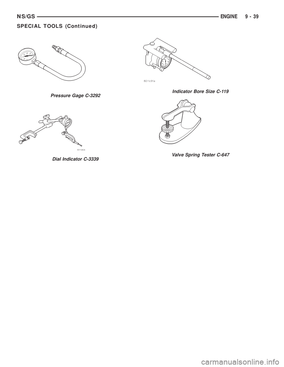 CHRYSLER VOYAGER 1996 Service Manual Pressure Gage C-3292
Dial Indicator C-3339
Indicator Bore Size C-119
Valve Spring Tester C-647
NS/GSENGINE 9 - 39
SPECIAL TOOLS (Continued) CHRYSLER VOYAGER 1996 Service Manual Pressure Gage C-3292
Dial Indicator C-3339
Indicator Bore Size C-119
Valve Spring Tester C-647
NS/GSENGINE 9 - 39
SPECIAL TOOLS (Continued)