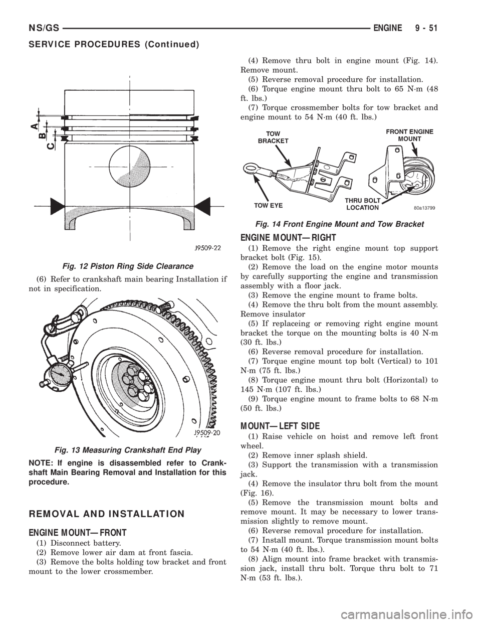 CHRYSLER VOYAGER 1996 Service Manual (6) Refer to crankshaft main bearing Installation if
not in specification.
NOTE: If engine is disassembled refer to Crank-
shaft Main Bearing Removal and Installation for this
procedure.
REMOVAL AND I CHRYSLER VOYAGER 1996 Service Manual (6) Refer to crankshaft main bearing Installation if
not in specification.
NOTE: If engine is disassembled refer to Crank-
shaft Main Bearing Removal and Installation for this
procedure.
REMOVAL AND I