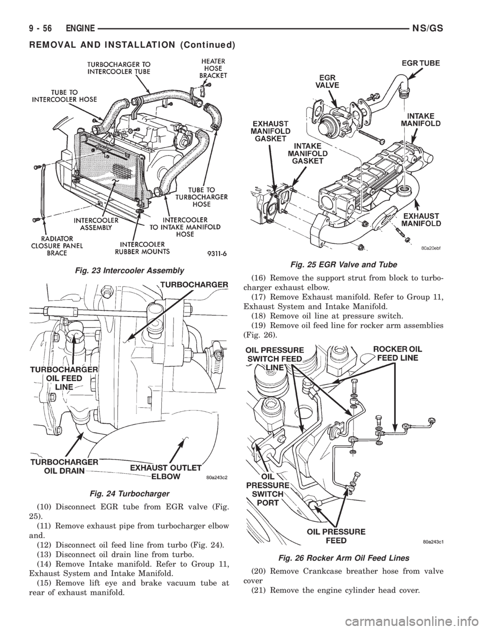 CHRYSLER VOYAGER 1996 Service Manual (10) Disconnect EGR tube from EGR valve (Fig.
25).
(11) Remove exhaust pipe from turbocharger elbow
and.
(12) Disconnect oil feed line from turbo (Fig. 24).
(13) Disconnect oil drain line from turbo.
CHRYSLER VOYAGER 1996 Service Manual (10) Disconnect EGR tube from EGR valve (Fig.
25).
(11) Remove exhaust pipe from turbocharger elbow
and.
(12) Disconnect oil feed line from turbo (Fig. 24).
(13) Disconnect oil drain line from turbo.