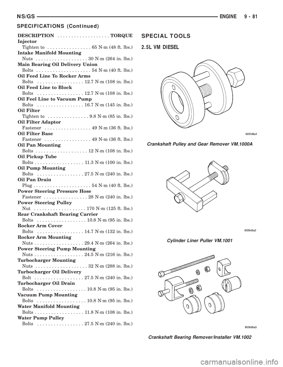CHRYSLER VOYAGER 1996 Service Manual DESCRIPTION...................TORQUE
Injector
Tighten to................65N´m(48ft.lbs.)
Intake Manifold Mounting
Nuts...................30N´m(264 in. lbs.)
Main Bearing Oil Delivery Union
Bolts.... CHRYSLER VOYAGER 1996 Service Manual DESCRIPTION...................TORQUE
Injector
Tighten to................65N´m(48ft.lbs.)
Intake Manifold Mounting
Nuts...................30N´m(264 in. lbs.)
Main Bearing Oil Delivery Union
Bolts....