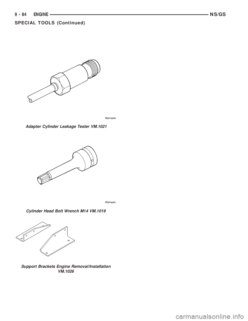 CHRYSLER VOYAGER 1996 Service Manual Adapter Cylinder Leakage Tester VM.1021
Cylinder Head Bolt Wrench M14 VM.1019
Support Brackets Engine Removal/Installation
VM.1026
9 - 84 ENGINENS/GS
SPECIAL TOOLS (Continued) CHRYSLER VOYAGER 1996 Service Manual Adapter Cylinder Leakage Tester VM.1021
Cylinder Head Bolt Wrench M14 VM.1019
Support Brackets Engine Removal/Installation
VM.1026
9 - 84 ENGINENS/GS
SPECIAL TOOLS (Continued)