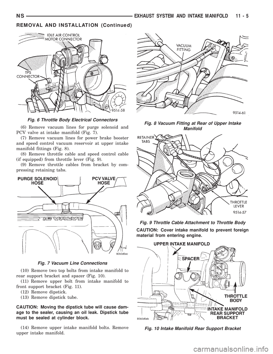 CHRYSLER VOYAGER 1996 Service Manual (6) Remove vacuum lines for purge solenoid and
PCV valve at intake manifold (Fig. 7).
(7) Remove vacuum lines for power brake booster
and speed control vacuum reservoir at upper intake
manifold fittin CHRYSLER VOYAGER 1996 Service Manual (6) Remove vacuum lines for purge solenoid and
PCV valve at intake manifold (Fig. 7).
(7) Remove vacuum lines for power brake booster
and speed control vacuum reservoir at upper intake
manifold fittin