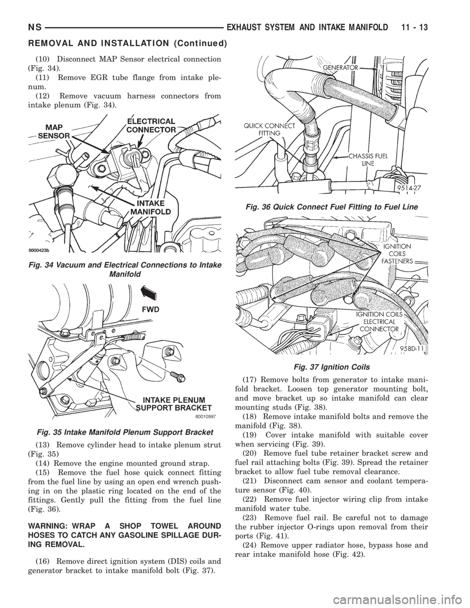 CHRYSLER VOYAGER 1996  Service Manual (10) Disconnect MAP Sensor electrical connection
(Fig. 34).
(11) Remove EGR tube flange from intake ple-
num.
(12) Remove vacuum harness connectors from
intake plenum (Fig. 34).
(13) Remove cylinder h