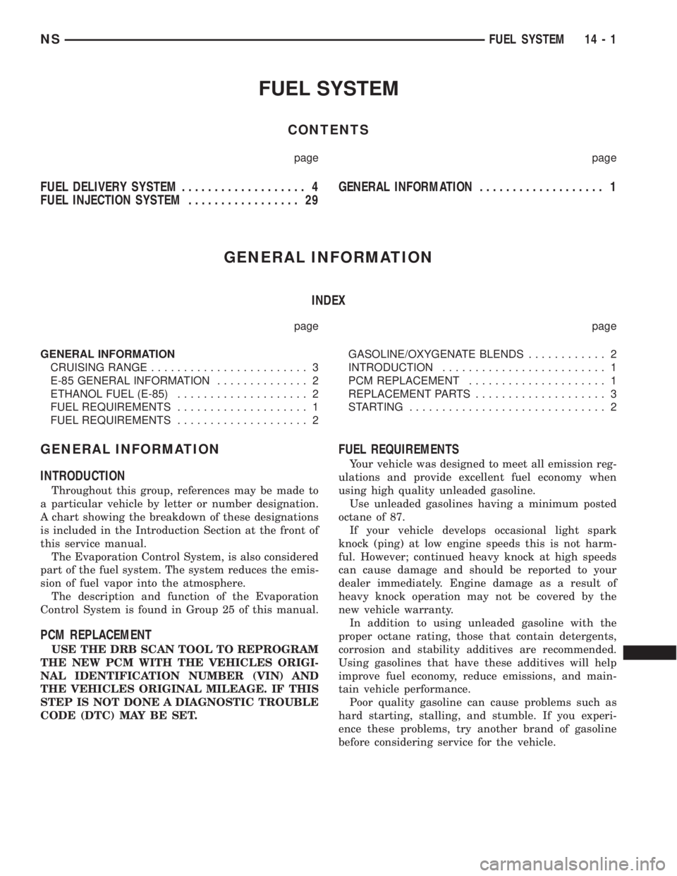 CHRYSLER VOYAGER 1996 Service Manual FUEL SYSTEM
CONTENTS
page page
FUEL DELIVERY SYSTEM................... 4
FUEL INJECTION SYSTEM................. 29GENERAL INFORMATION................... 1
GENERAL INFORMATION
INDEX
page page
GENERAL I CHRYSLER VOYAGER 1996 Service Manual FUEL SYSTEM
CONTENTS
page page
FUEL DELIVERY SYSTEM................... 4
FUEL INJECTION SYSTEM................. 29GENERAL INFORMATION................... 1
GENERAL INFORMATION
INDEX
page page
GENERAL I