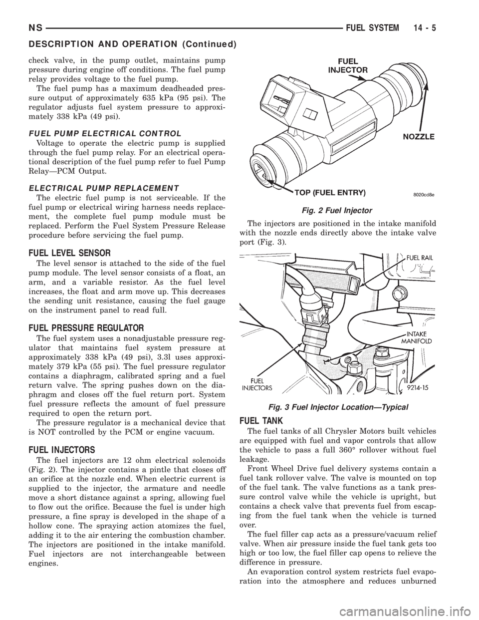 CHRYSLER VOYAGER 1996 Service Manual check valve, in the pump outlet, maintains pump
pressure during engine off conditions. The fuel pump
relay provides voltage to the fuel pump.
The fuel pump has a maximum deadheaded pres-
sure output o CHRYSLER VOYAGER 1996 Service Manual check valve, in the pump outlet, maintains pump
pressure during engine off conditions. The fuel pump
relay provides voltage to the fuel pump.
The fuel pump has a maximum deadheaded pres-
sure output o