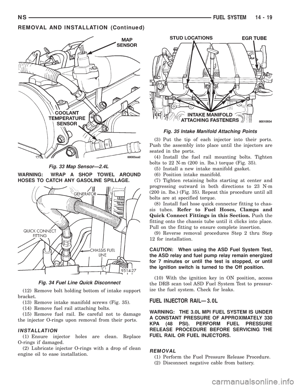CHRYSLER VOYAGER 1996 Service Manual WARNING: WRAP A SHOP TOWEL AROUND
HOSES TO CATCH ANY GASOLINE SPILLAGE.
(12) Remove bolt holding bottom of intake support
bracket.
(13) Remove intake manifold screws (Fig. 35).
(14) Remove fuel rail a CHRYSLER VOYAGER 1996 Service Manual WARNING: WRAP A SHOP TOWEL AROUND
HOSES TO CATCH ANY GASOLINE SPILLAGE.
(12) Remove bolt holding bottom of intake support
bracket.
(13) Remove intake manifold screws (Fig. 35).
(14) Remove fuel rail a