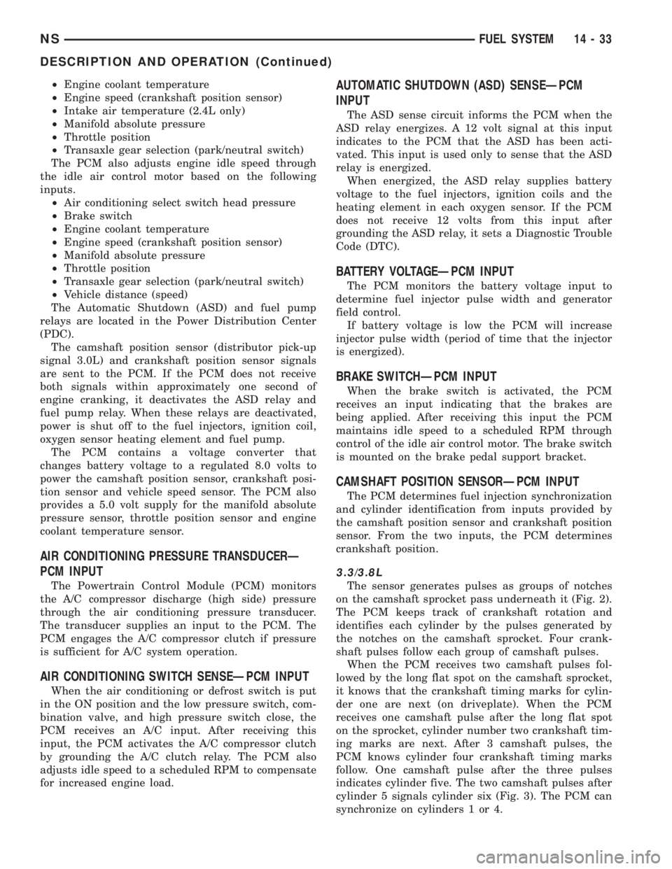 CHRYSLER VOYAGER 1996 Service Manual ²Engine coolant temperature
²Engine speed (crankshaft position sensor)
²Intake air temperature (2.4L only)
²Manifold absolute pressure
²Throttle position
²Transaxle gear selection (park/neutral CHRYSLER VOYAGER 1996 Service Manual ²Engine coolant temperature
²Engine speed (crankshaft position sensor)
²Intake air temperature (2.4L only)
²Manifold absolute pressure
²Throttle position
²Transaxle gear selection (park/neutral