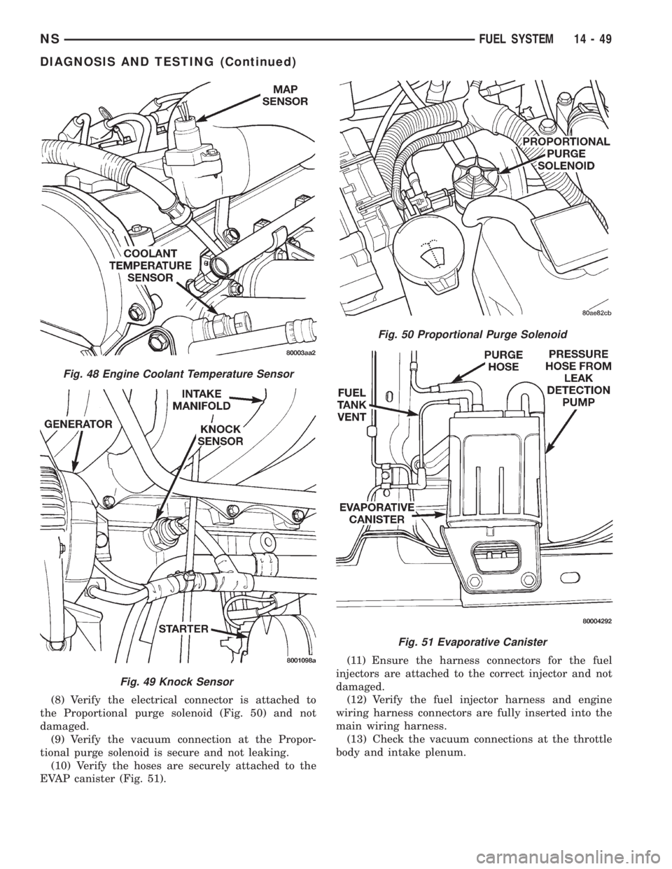 CHRYSLER VOYAGER 1996 Service Manual (8) Verify the electrical connector is attached to
the Proportional purge solenoid (Fig. 50) and not
damaged.
(9) Verify the vacuum connection at the Propor-
tional purge solenoid is secure and not le CHRYSLER VOYAGER 1996 Service Manual (8) Verify the electrical connector is attached to
the Proportional purge solenoid (Fig. 50) and not
damaged.
(9) Verify the vacuum connection at the Propor-
tional purge solenoid is secure and not le