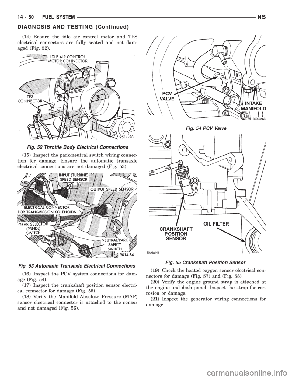 CHRYSLER VOYAGER 1996 Service Manual (14) Ensure the idle air control motor and TPS
electrical connectors are fully seated and not dam-
aged (Fig. 52).
(15) Inspect the park/neutral switch wiring connec-
tion for damage. Ensure the autom CHRYSLER VOYAGER 1996 Service Manual (14) Ensure the idle air control motor and TPS
electrical connectors are fully seated and not dam-
aged (Fig. 52).
(15) Inspect the park/neutral switch wiring connec-
tion for damage. Ensure the autom