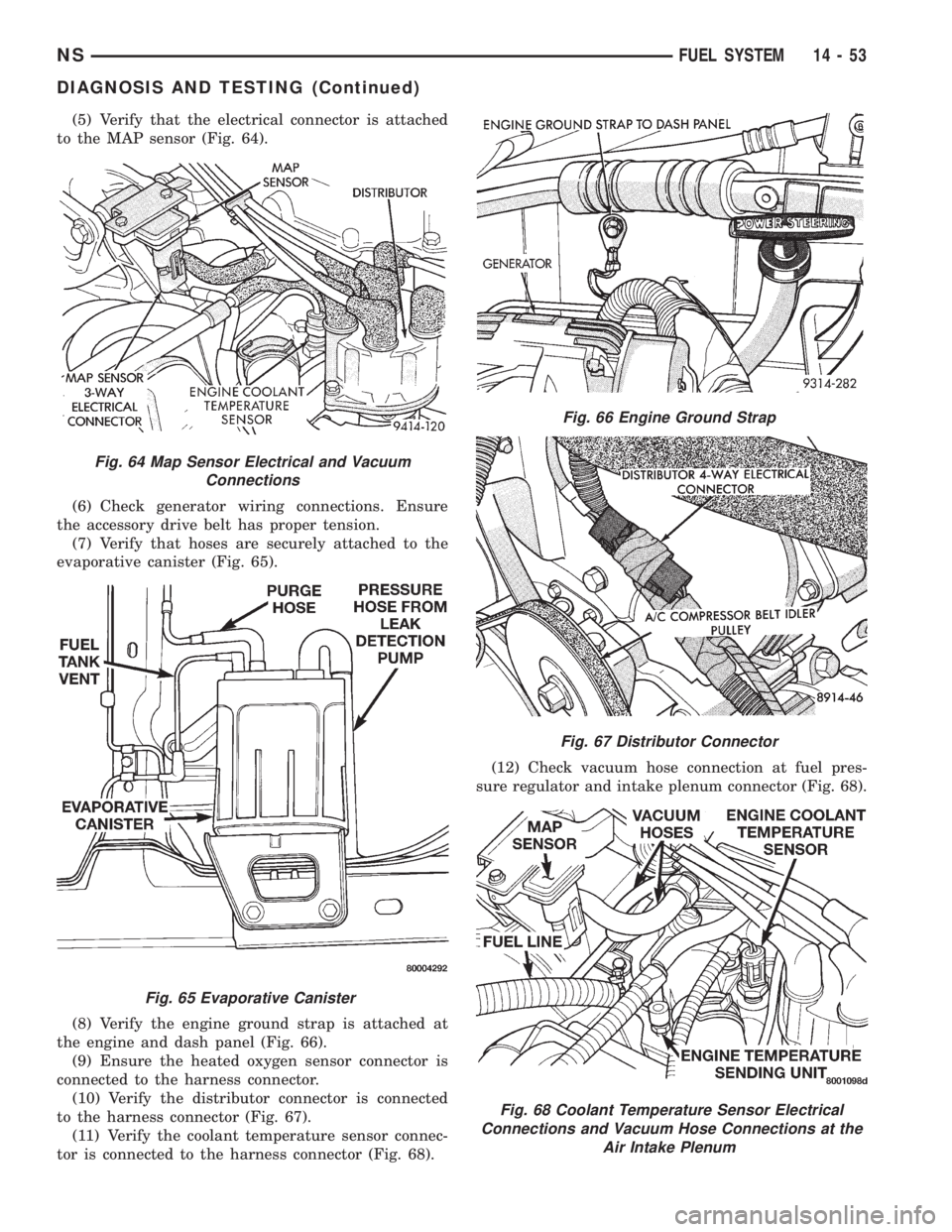 CHRYSLER VOYAGER 1996 Service Manual (5) Verify that the electrical connector is attached
to the MAP sensor (Fig. 64).
(6) Check generator wiring connections. Ensure
the accessory drive belt has proper tension.
(7) Verify that hoses are CHRYSLER VOYAGER 1996 Service Manual (5) Verify that the electrical connector is attached
to the MAP sensor (Fig. 64).
(6) Check generator wiring connections. Ensure
the accessory drive belt has proper tension.
(7) Verify that hoses are